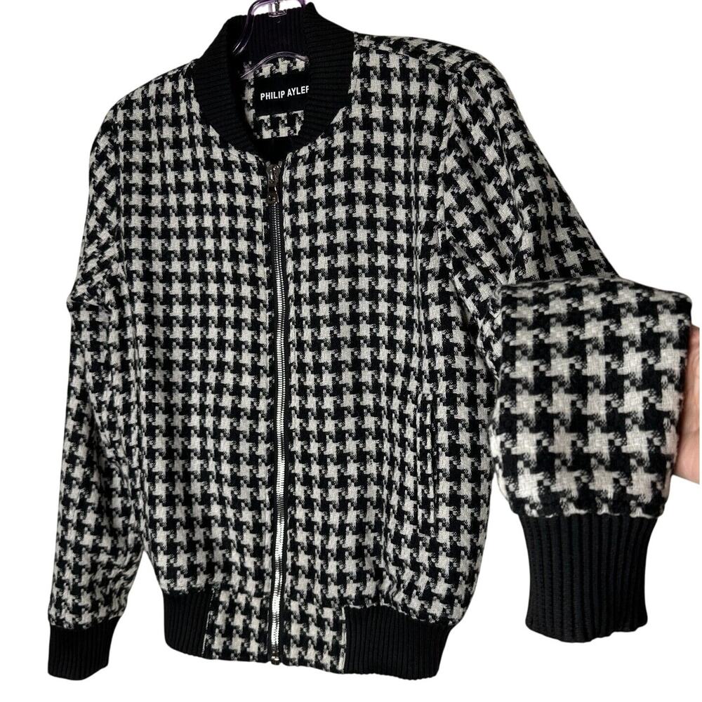 Philip Ayler White Black French Tweed Houndstooth Black Trim Zip Bomber Jacket